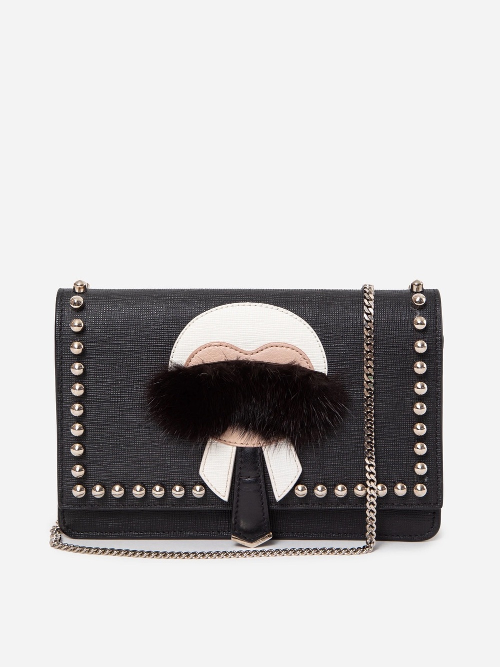 Fendi Black Vitello Elite Mink Fur Studded Karlito Tube Wallet on Chain